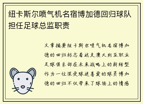 纽卡斯尔喷气机名宿博加德回归球队担任足球总监职责
